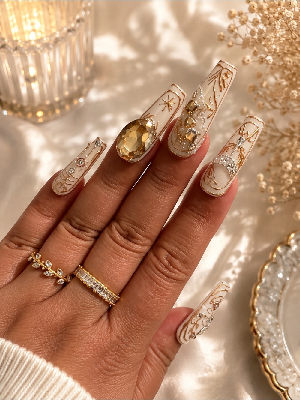 Luxury Gold & Ivory 3D Rhinestone Press-On Nails – Long Coffin